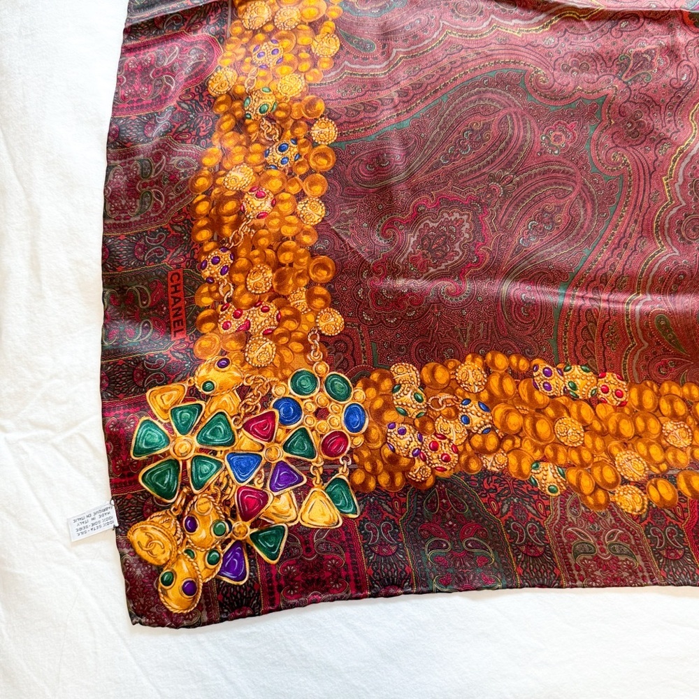 Chanel gripoix silk scarf rare paisley jewel chain multicolor authentic vintage - Picture 3 of 14